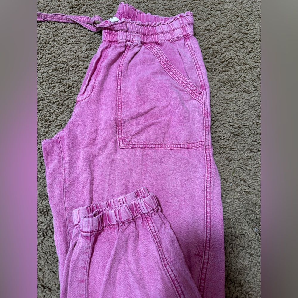 Anthropologie Pink Linen Utility Pants/Joggers